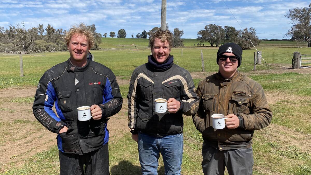  Wayde Robertson (left), Boyup Brook, with Adam Smith and Dylan Davis, both of Beverley, enjoy a cuppa during the recent ADAMA WA 2-Wheel Trial Tour through the Great Southern.