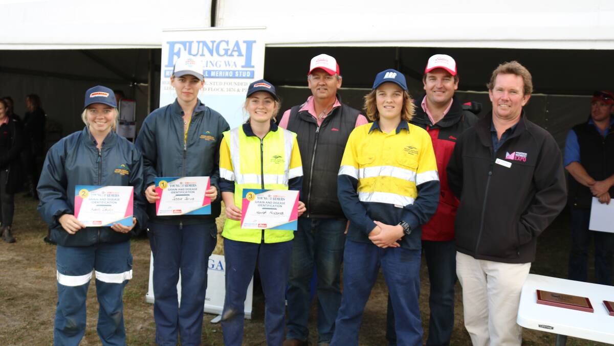 Placegetters in the Young Farmers grain and disease identification category, a clean sweep for WACoA Morawa, were Averlii Devlin (left), second, winner Jessie Jarvis and Hannah Husbands, equal third, with Elders Mingenew livestock agent Ross Tyndale-Powell, Cooper Bullin, equal third, Elders Mingenew branch manager Jarrad Kupsch and Expo chairman Geoff Cosgrove.
