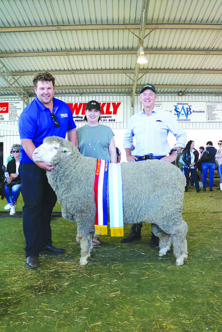 With the reserve grand champion Poll Merino ram exhibited by the Warralea stud, Gairdner, were stud principals Jarrod (left) and Chelsea King and sponsor and The Nationals WA, Member for Roe Peter Rundle. The ram was also sashed the champion fine wool Poll Merino ram.
