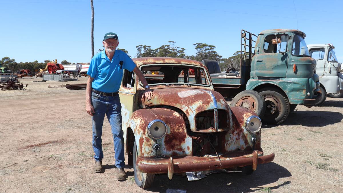 Poll Dorset sheep breeder Des Gooding, Darkan, purchased this late 1940s Austin A40 Devon for $10 to provide parts for a friend's restoration project. The two mid-1960s Austin 560F trucks behind both sold, the green diesel with a timber tray bed for $20 and the grey petrol cab chassis for $10.