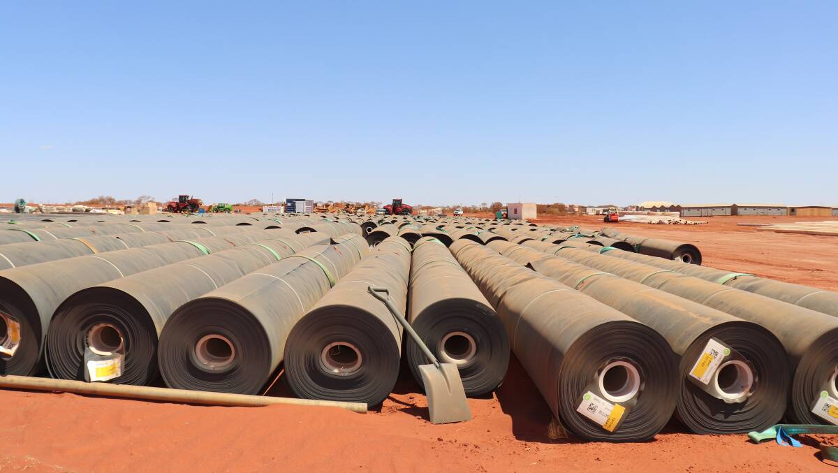  Rolls of black plastic ready to line evaporation ponds. If rolled out end to end the sheets would stretch from Beyondie in the Pilbara to Bunbury.
