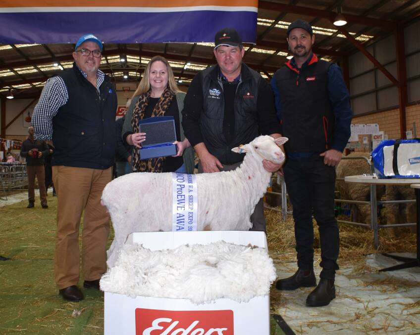 The Rangeview stud, Darkan, took the PROewe title this year. With the studs winning ewe were sponsor representative Elancos Paul Dugan (left), Rangeviews Melinda and Jeremy King and competition judge Shaun Counsel,Warrening Gully, Williams.
