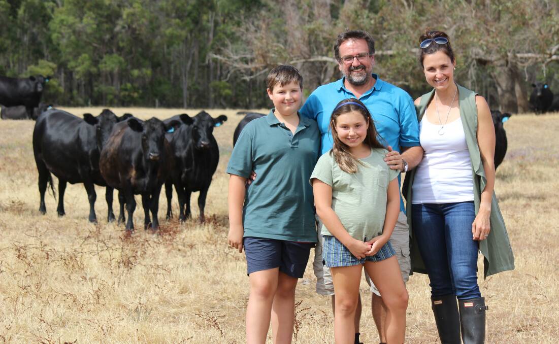 James (left) and Katina Bowie, Bridgetown and children Jamie and Arabella. The family have been living Perth for the past few years but are now planning to return to the farm full-time.