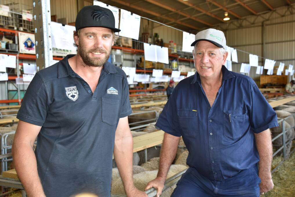 Mukinbudin farmer Jeff Seaby (right) learned of his and wife Tracey's win in the Soklich & Co $3000 jewellery voucher giveaway while attending the Chirniminup Dohne ram sale with his son-in-law Cameron White.