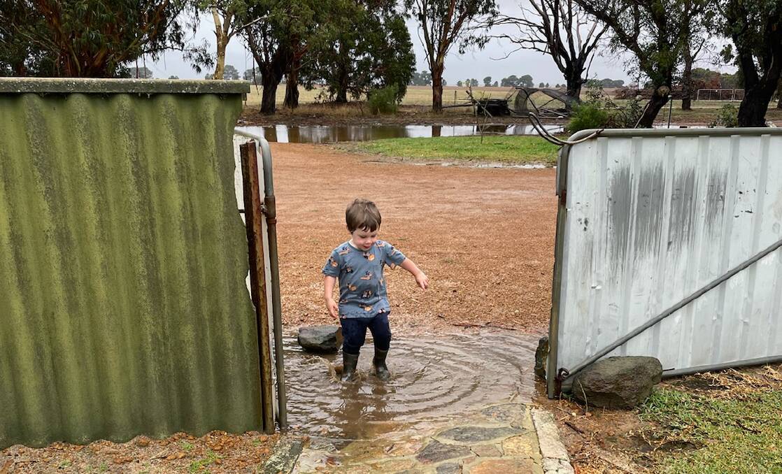 Much to the delight of his son, Lucas, between 140 and 160mm of rain fell over 48 hours at Matthew Bell's farm at Munglinup last week.