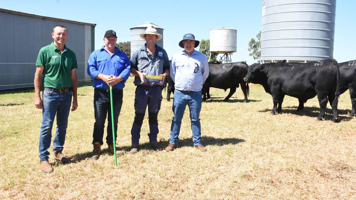  The volume buyer in the Allegria Park sale last week was Lanstal, Esperance, which purchased 10 bulls to a top $13,000 and an average of $8250. Discussing the enterprises purchases after the sale were Nutrien Livestock, Esperance agent Darren Chatley (left), Allegria Park co-principal Andrew Kuss, Lanstal farm manager Graham Maitland and volume buyer prize sponsor Tony Murdoch, Virbac.