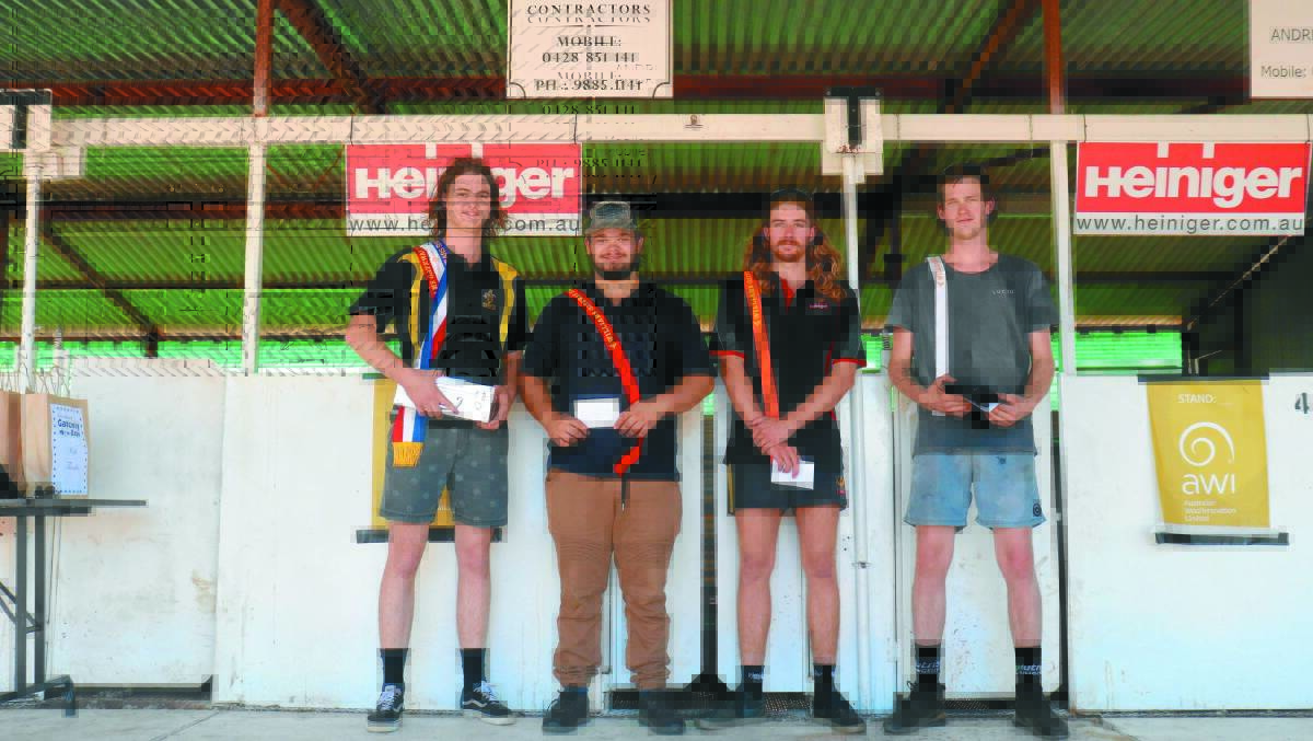 Under 21 shearers in first place Murray Burt (left), Calingiri, in second place Ethan Gellatly, Woodvale, in third was Kurt Richards, Dowerin, and in fourth was Tristan White, Pingelly, at the Make Smoking History Williams Gateway Expo.