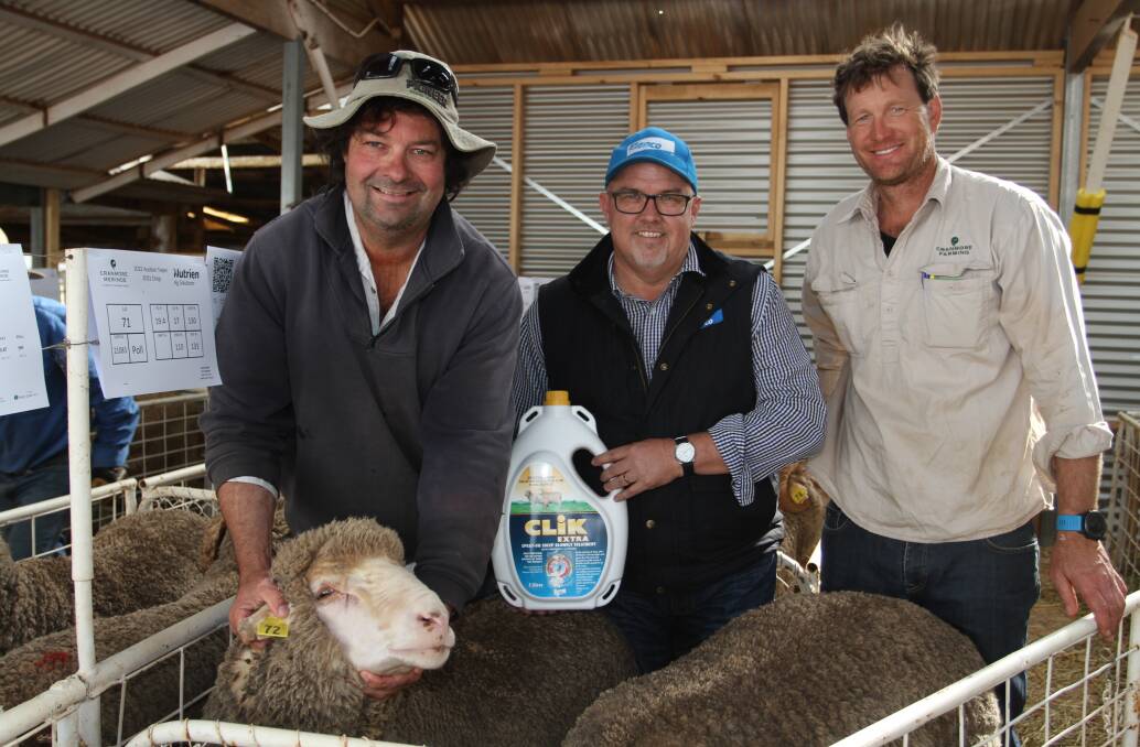 Buyer Brad Tonkin (left), Kenilworth Agriculture, Coomberdale, sponsor Paul Dugan, Elanco WA and Cranmore stud co-principal Kristin Lefroy, Walebing, with the lucky buyers prize ram penned in lot 72 to commemorate Cranmores 72nd annual ram sale.