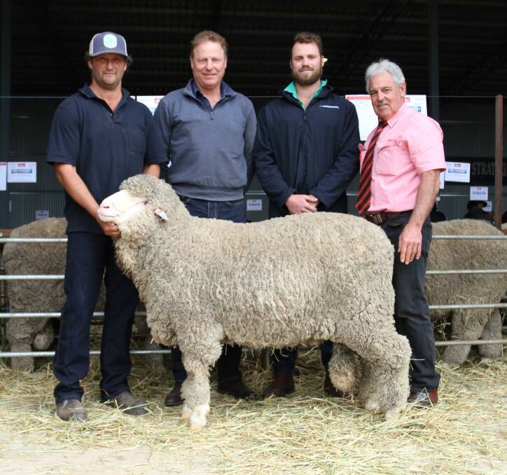 With the $9000 top-priced ram at the 32nd annual East Strathglen on-property ram sale at Tambellup last Friday were East Strathglen stud co-principal Rohan Sprigg (left), buyers Neil and Sam Jackson, Overton stud, Kojonup and Elders stud stock representative Preston Clarke.