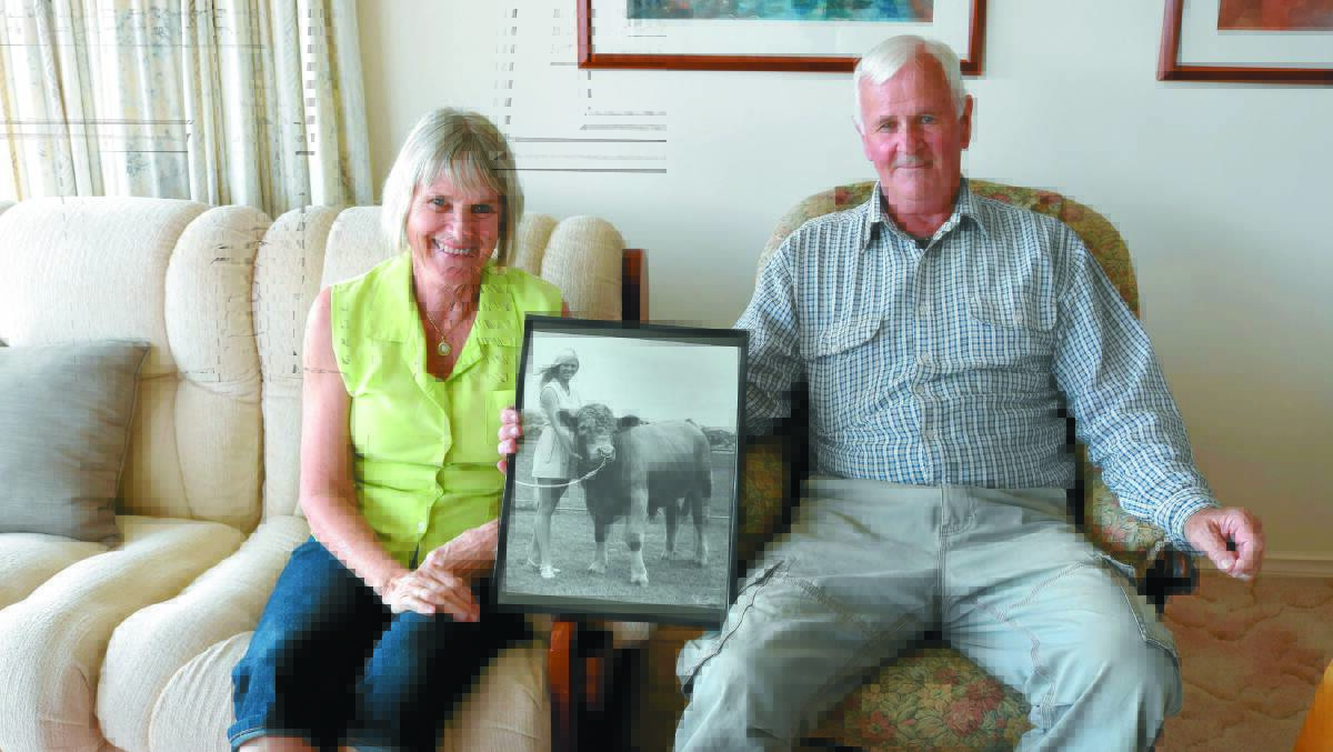Cheryl and Ken Hyde, Albany, with a picture of Cheryl and Greenwarri Famechon 'Johnny', which was the first Charolais calf born in Australia, 50 years ago on January 7, 1970.