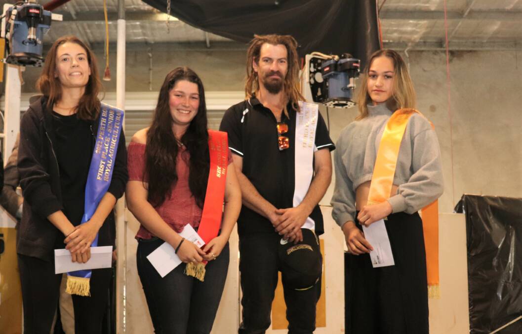 Senior woolhandling finalists, Agathe Daigremont (left), winner, Tameka Baker second, Gary Larney third and Kordae Timu fourth.