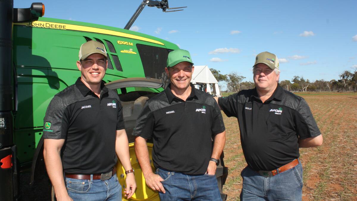 Farm Weekly snapped this happy AFGRI Equipment trio at the company's Ride and Drive Day at the WA College of Agriculture, Morawa, last week. From left, marketing and small ag manager Jacques Coetzee, commercial director Wessel Oosthuizen and operations director Gollie Coetzee. The event was held over three days to provide farmers with an opportunity to drive the latest machines and learn more about emerging technologies.