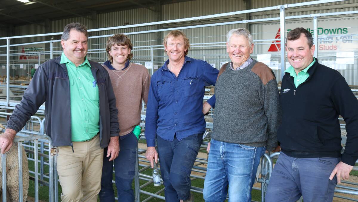 Barry Hutcheson (left), Chatley & Hutcheson Livestock with buyers of 33 rams Jack, Simon and Richard Fowler, Chilwell, Condingup and Chilwell classer Mitchell Crosby, Nutrien Breeding.