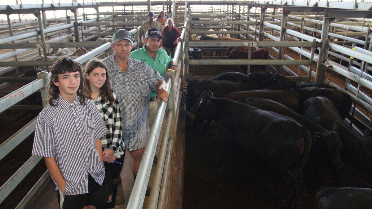 Sale vendors Luke Jolley (left), Amy and Robert Mostert, Mosterts Dairy Pty Ltd, Keysbrook, stand over some of their Angus steers that sold for $1419 with Leno Vigolo, WA Rural, Nutrien Livestock, at the Nutrien Livestock store cattle sale at the Muchea Livestock Centre last week. Mosterts Dairy Pty Ltd sold 88 mainly British Breed heifers to 422c/kg and $1275 and equally topped the sale's per head values with a Red Angus steer making $1566.