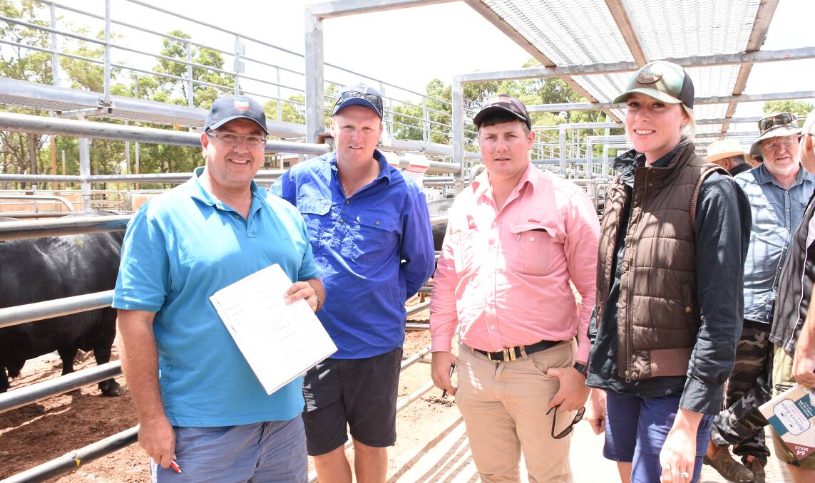 Looking over the bulls on offer before last week's Blackrock Angus bull sale at Boyanup were Bowie Beef owner James Bowie (left), Bridgetown, Bowie Beef farm manager Matt Fairbrass, Elders, Bridgetown representative Pearce Watling and Bowie Beef's Keely Angel. In the sale Bowie Beef purchased the third top-priced bull at $17,000.