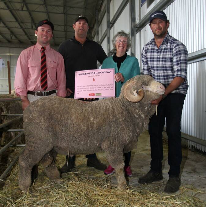 With the charity ram that sold for $3100 with all proceeds donated to the Shearing For Liz Pink Day fundraiser for the Breast Cancer Research Centre  WA were Elders auctioneer James Culleton (left), buyer Chad Sounness, Rathmhor Farming, Needilup/Mt Barker and Elizabeth and Rohan Sprigg, East Strathglen stud, Tambellup.