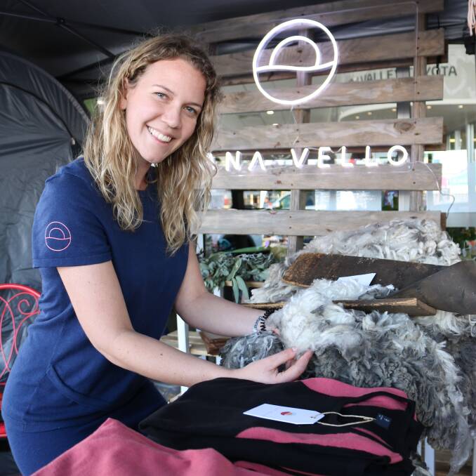  Mikahla Wells at the Avon Valley Toyota Field Days last month, where she displayed her Lana Vello range of clothing made from Merino wool (below).