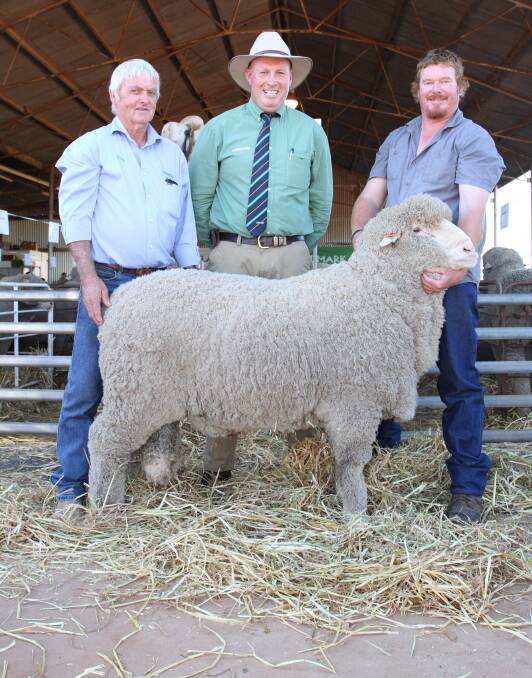 Values reached a top of $6200 for a Rhamily Poll Merino ram at the Edmonds families on-property ram sale at Calingiri last Friday. With the ram were Rhamily stud principal Ray Edmonds (left), Grant Lupton, Landmark Wongan Hills and buyer Owen Edmonds, Corondeen Spring stud, Calingiri.