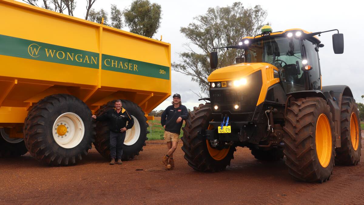 Wheatbelt Equipment sales consultant Wayne Stoner (left) and Marvel Loch farmer Isaac Panizza with the Wongan Chaser and JCB Fastrac 8330 tractor on the Panizza farm.