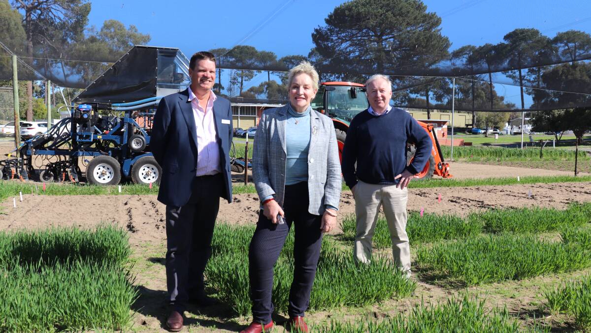 Grains Research and Development Corporation (GRDC) western region panel chairman Darrin Lee (left) with WA Agriculture and Food Minister Alannah MacTiernan and GRDC managing director Nigel Hart at the Department of Primary Industries and Regional Developments South Perth trial plots.