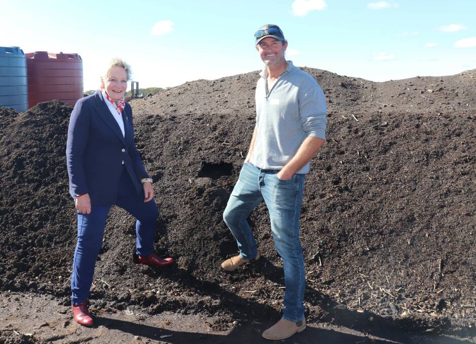 Agriculture and Food Minister Alannah MacTiernan with David Mackie, discussing soil carbon projects he has implemented at his Glentromie farm near New Norcia.