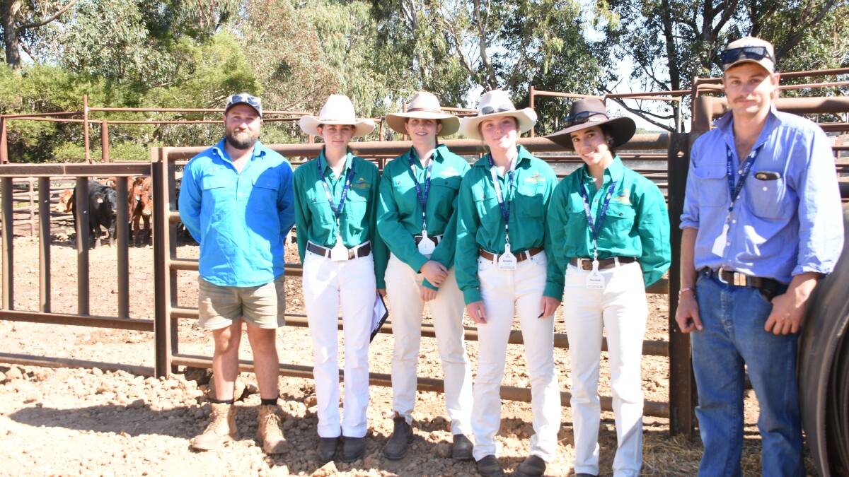 Manypeaks producer and Gate 2 Plate Challenge committee member Kieran Howie (left) and Robert Smith, Albany, spoke to the students about cattle selection. Discussing the topic with them were WA College of Agriculture Harvey students Chelsea Bario (second left), Zoey Morris, Amelia Addison and Kendall Heliams.