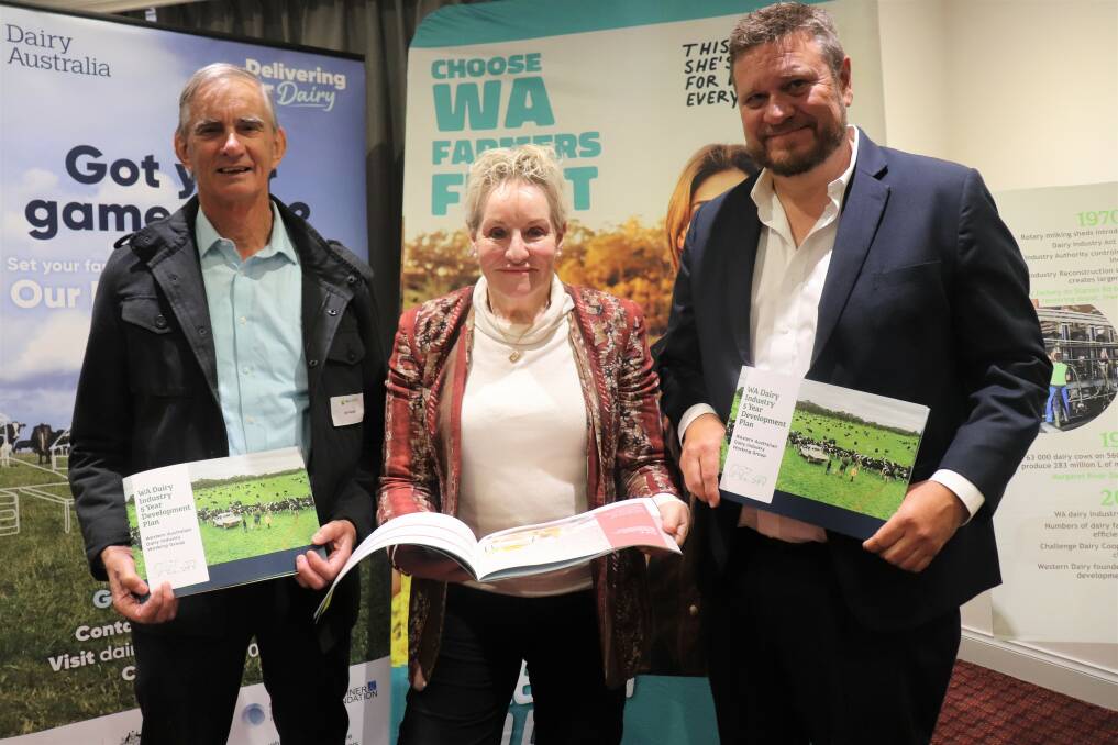 WAFarmers dairy council president and Forest Grove farmer Ian Noakes (left), Agriculture and Food Minister Alannah MacTiernan and independent working group chairman Brad Weir with the WA Dairy Industry Five Year Development Plan launched at the WAFarmers dairy council conference.