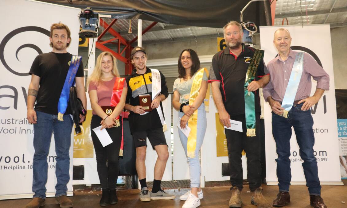 Intermediate shearing finalists, James Read (left), first place, Danielle Mauger, second, Dylan Biluta, third, who was also presented with the best quality points award by sponsor, retired Carnamah farmer Peter Dring, Holly Kingi-Carrington, fourth, Martin Grant, fifth and Peter Ledger, sixth.