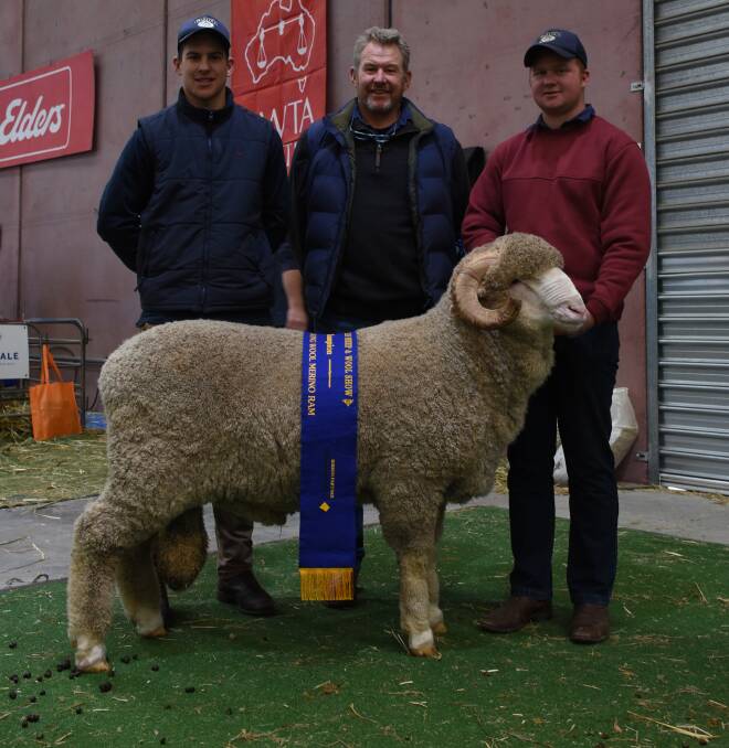 With the champion March shorn strong wool Merino ram exhibited by the House family's Barloo stud, Gnowangerup, were Barloo's Fraser (left) and Richard House and George Fergusson.
