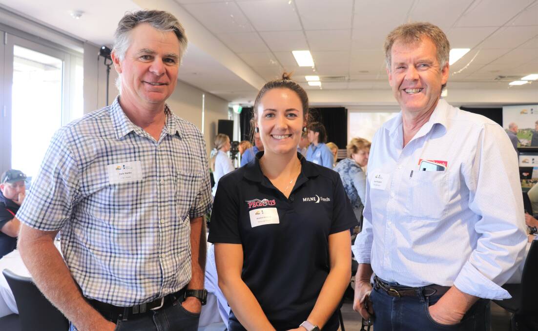 Harvey dairy farmer Dale Hanks (left), with Milne Feeds representatives Jess Andony and sales manager Dean Maughan at the Spring Forum.