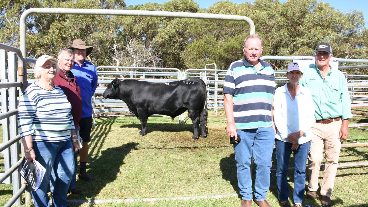 Coonamble Beast Mode R203 sold for the season's fifth highest price of $45,000 when it was purchased by the Sheron Farm Angus stud, Benger, at the Coonamble Angus on-property bull sale at Bremer Bay. With the bull were Sheron Farm principals Julia (left) and Jim Moore, Coonamble co-principal Craig Davis, Sheron Farm managers Steve and Sandy Elliot and Nutrien Livestock Great Southern manager Bob Pumphrey.