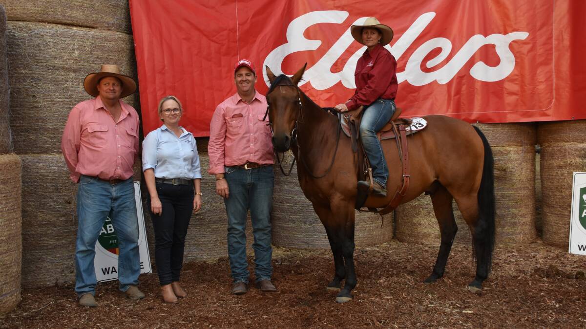 The second top price in the sale was $33,000 for this gelding, TMQ Armarni being ridden by vendor Bianca Graham, Trade Mark Equine, Gingin. With Armani and Ms Graham were event co-ordinators Clint Fletcher (left), Elders Moora and Nick Benson, Elders Hopetoun along with RFDS head of community Rebecca Maddern.