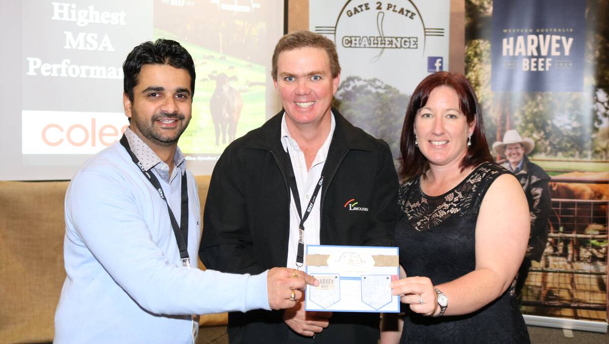 Coles Albany store manager Karan Sharma (left) with James and Casey Morris, Morrisvale Limousins, Narrikup, whose team of Limousin cross topped the MSA grading category.