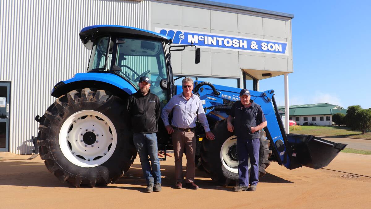 McIntosh & Son, Albany, parts superviser David Clark (left), sales consultant Warren Hunt and service manager Chris Bodily in front of the New Holland T5.100 S with a 535LA loader attached. The loader fits the tractor's chassis and was built in Orange, New South Wales. The tractor has 100 horsepower and had been sold to a client at Mt Barker. Mr Bodily joined the Albany team three years ago from Wongan Hills and said he enjoyed the environment at work as well as the region. The constant workflow has kept him busy and sees the workshop bulging at the seams. Mr Hunt joined the Albany team two years ago and has taken on the smaller tractor market up to 120hp as well as linkages, slashes and sprayers. Mr Hunt services a variety of farming operations in the region, including smaller farms, hay makers and orchardists.