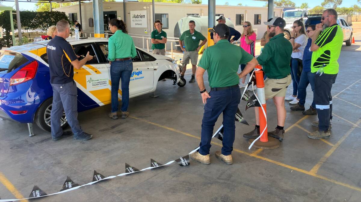 Participants at the Merredin training day learned how to safely extract victims of a car rollover from their vehicle using the CareFlight crash simulator vehicle, which CareFlight staff have been towing around Australia to the various training sessions being funded by Nutrien Ag Solutions.