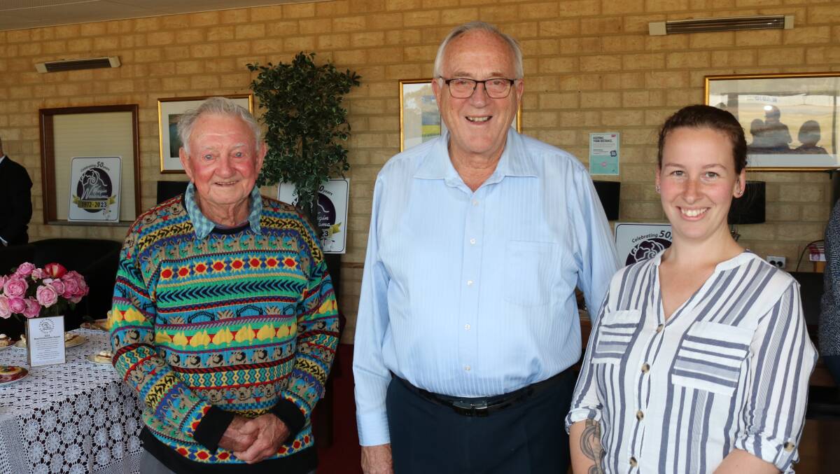 Wagin Agricultural Society life members Maurie Becker (left) and Arthur Pederick with Wagin Woolorama committee treasurer Darcey Yates.