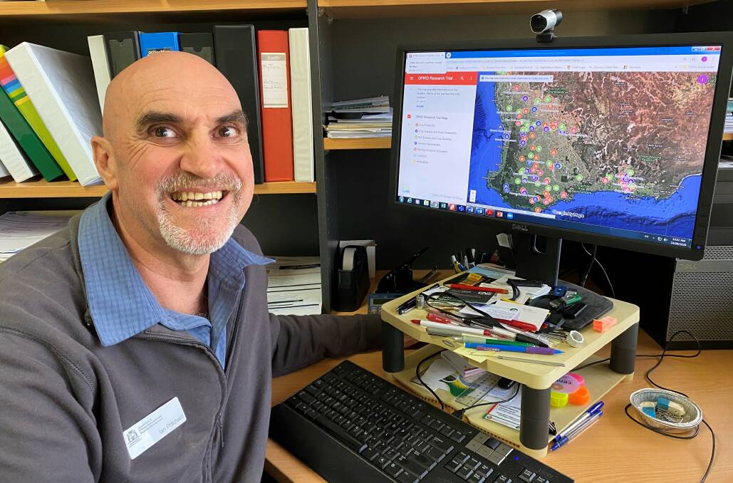 DPIRD field services manager Ian Pritchard checks out DPIRD's interactive map that shows the location and details of more than 250 grains research projects.