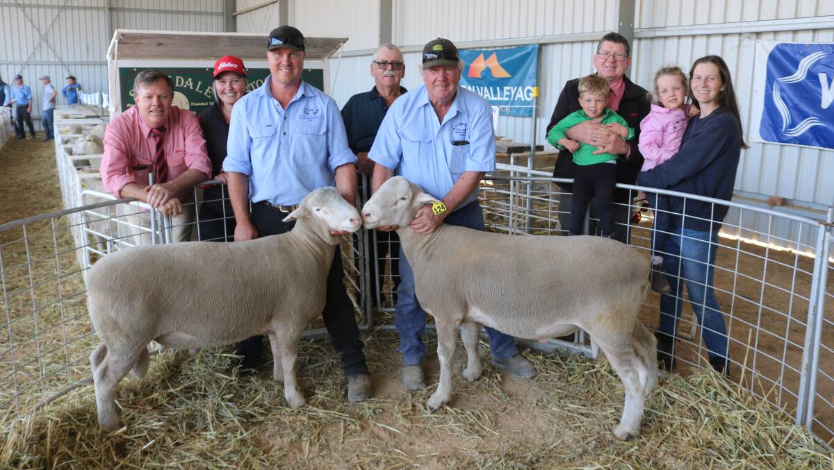 The two Poll Dorset stud sires pictured were offered at the Stockdale ram sale, York and both sold to the breed high of $2900. With the rams were Elders auctioneer Graeme Curry (left), Elders livestock trainee Amber Lewis, Stockdale stud co-principal Brenton Fairclough, one of the top ram buyers, Allen Lawrence, Canternatting Poll Dorset stud, Southern Brook, Stockdale co-principal Laurie Fairclough, Elders stud stock prime lamb specialist, Michael ONeill, holding Harry Fairclough, 2, and Belwyn Fairclough holding, Piper Fairclough, 4.