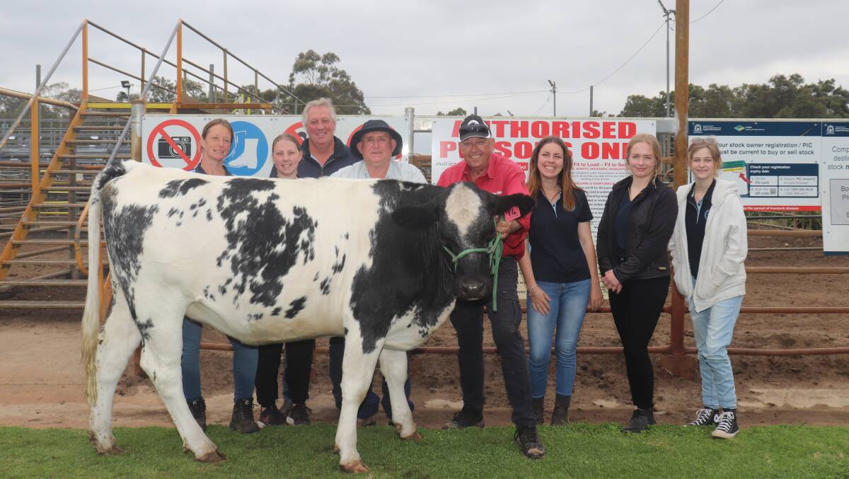 The underbidder of the charity heifer who donated $6000 to the Black Dog Ride was Graham Butler and Emy Velarde, PMV & GV Butler, Waterloo. Pictured with Clementine 14 is Kellie Howard (left), Nicole Baranski, Mat Daubney, Bannister Downs Dairy, buyer Graham Butler, Peter Milton and Bella Nesbit, Dana Collins and Charli Parker, Bannister Downs Dairy.