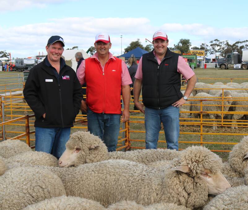 McIntosh & Son Mingenew Midwest Expo chairman Geoff Cosgrove (left) at last year's ewe hogget competition with Elders Mingenew livestock agent Ross Tyndale-Powell and branch manager Jarrad Kupsch. Elders is the major sponsor of the livestock section.
