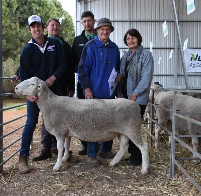 In the White Suffolk offering prices hit a high of $2100 for this sire early in the sale. With the ram were Kolindale co-principal Luke Ledwith (left), Nutrien Livestock Breeding representative Roy Addis, Nutrien Livestock Wickepin agent Ty Miller and buyers Trevor and Sophie Major, Muntadgin.