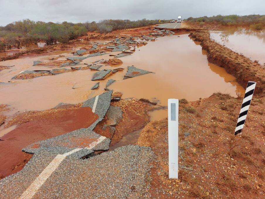 A section of the North West Coastal Highway north of Carnarvon, from the Blowholes through Minilya to Burkett Road, remains closed due to severe damage. Photo by Main Roads.