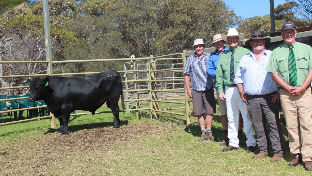 With the $25,000 top price bull for the season sold at the Coonamble Angus on-property sale at Bremer Bay in February, were Chris Owen (left), Alpine Angus stud, Myrtleford, Victoria, Coonamble stud principal Craig Davis, Landmark auctioneer Tiny Holly, Zoetis representative Ben Fletcher and Landmark southern livestock manager Bob Pumphrey.