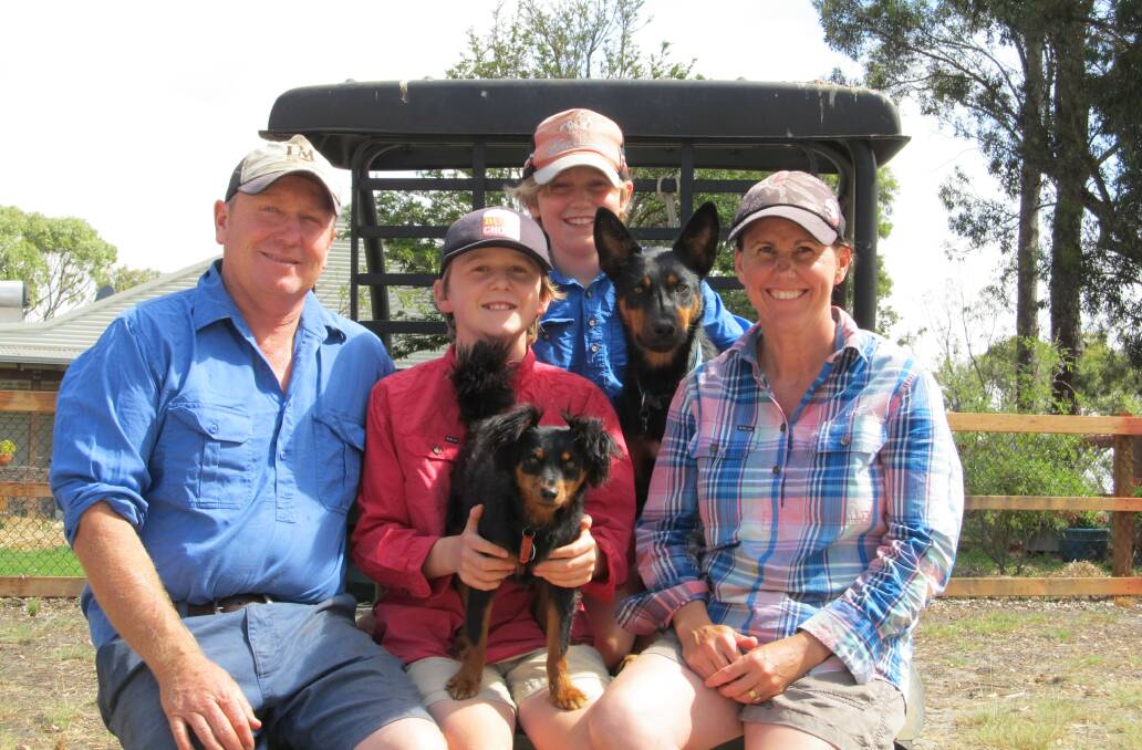 Peter Hough (left) with sons Alex and Darby and wife Claire. Peter is the fifth generation to farm and enjoys working with his family at their farm at Esperance.