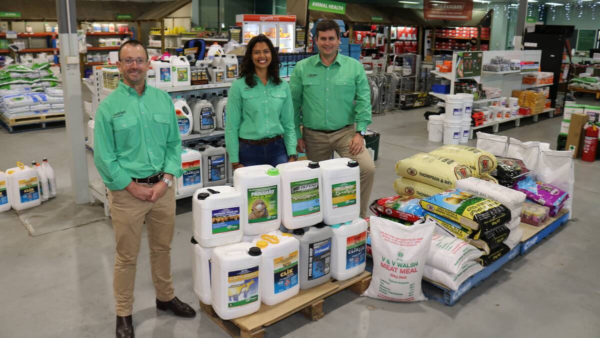  In the Nutrien Ag Solutions Midvale store to discuss competition details were region manager west, Andrew Duperouzel (left), regional marketing co-ordinator west, Komala Ravendran and Midvale and Neerabup branch manager Liam McKenzie.