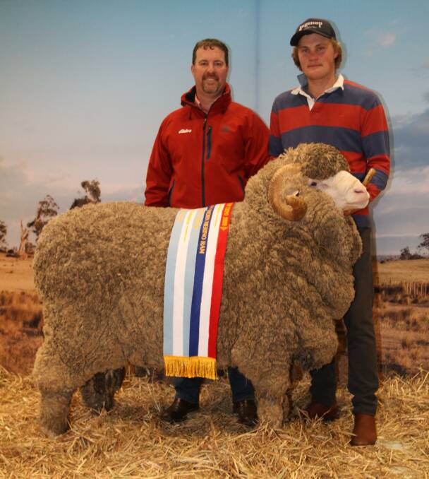 RESERVE GRAND CHAMPION AUGUST SHORN RAM: With the reserve grand champion August shorn ram and champion August shorn medium wool Merino ram exhibited by the Angenup stud, Kojonup, were Nathan King (left), Elders stud stock and Lachy Norrish, Angenup stud.