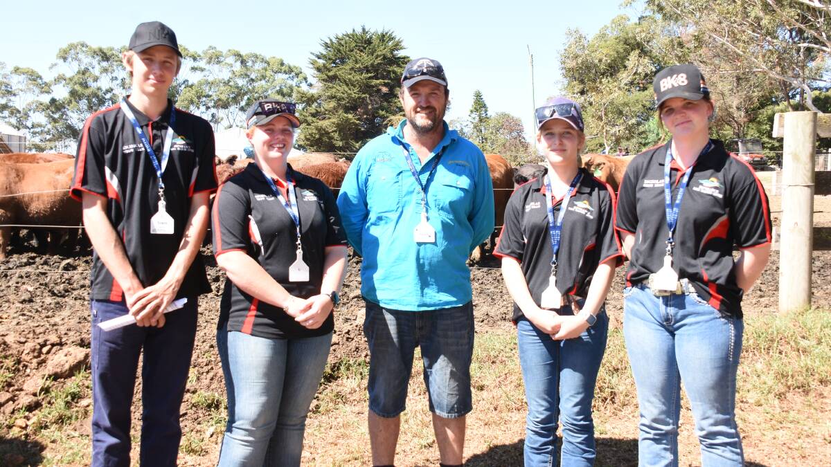 Esperance Farm Training Centre students Trent Treloar (left), Claire McCreagh, Charlee Smith and Billie Little with Willyung Farms Sandy Lyon, who spoke to the students about feeding and nutrition as part of the challenge.