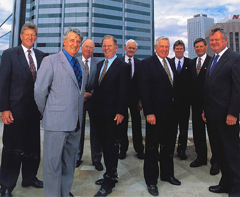 Pictured in 1997, Robert Sewell (Grain Pool chairman), Andrew McGlew, Bob Hockey, Lloyd Guthrey, Bob Buegge, John Hutchinson, David Adams, Darrel Dent and Ken Palmer.