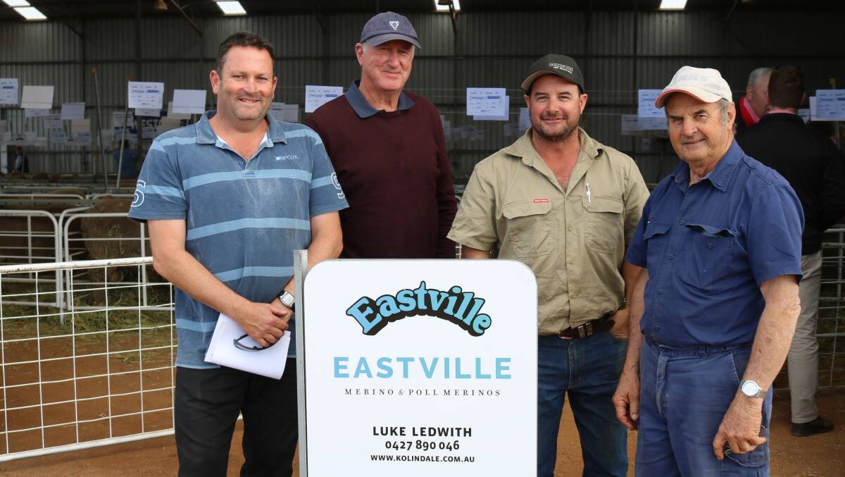 Buyers of Eastville rams for the first time under the Ledwith family banner were Adam (left) and his father Alf Watts, LR Watts & Co, east Pingelly, who secured 16 Poll Merinos and Craig and his father Kevin Cousins, Dryandra Farms, west Popanyinning, who also preferred Polls and bought eight.