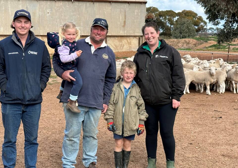 The Bowey family, Kulin, won the WAMMCO Producer of the Month title for June. Celebrating the familys win were Westcoast Wool & Livestock Kulin representative Luke Round (left) and Brian and Elle Bowey and children Claire and Tom.